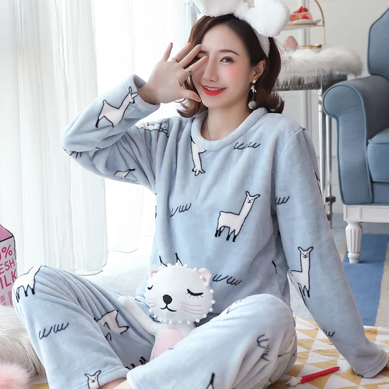 Pjs осень зима коралловые бархатные пижамные комплекты женские с длинным рукавом Теплые утолщенные милые Фланелевые домашние костюмы