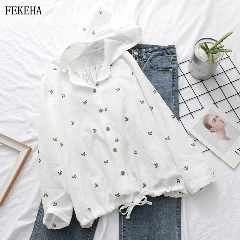 

Summer Autumn Leaves Print Hooded Jackets Women Cardigan Loose Outwear Thin White Sun Protection Clothing