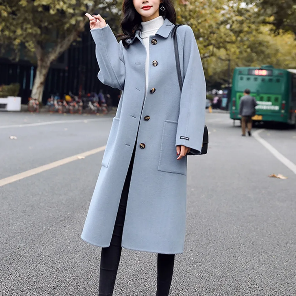 Feitong/осенне-зимняя куртка для женщин, однотонная, винтажная, зимняя, для офиса с длинным рукавом, на пуговицах, шерстяная куртка, кардиган, тонкое пальто