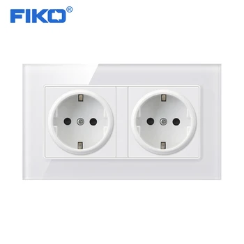

FIKO 16A Double EU Standard Wall Socket Crystal Glass Panel Power Outlet Grounded With Child Protective Door Grey Black