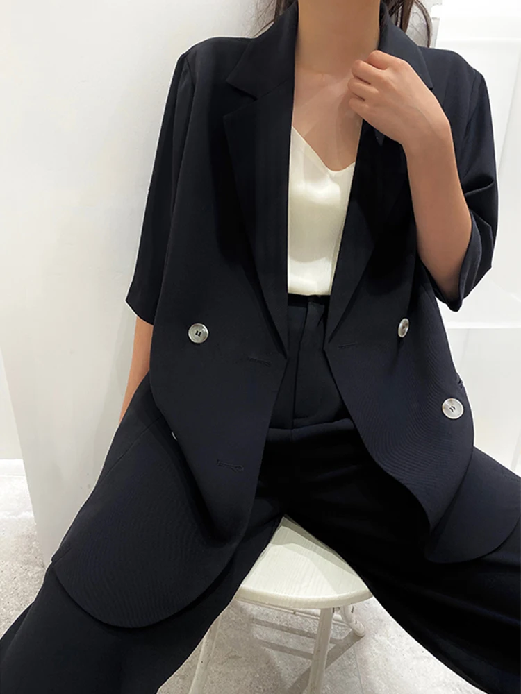 QOERLIN 2021 Women Summer Vintage Double Breasted Solid Blazers And Jackets Fashion Turn-down Collar Slim Female Blazer Coat