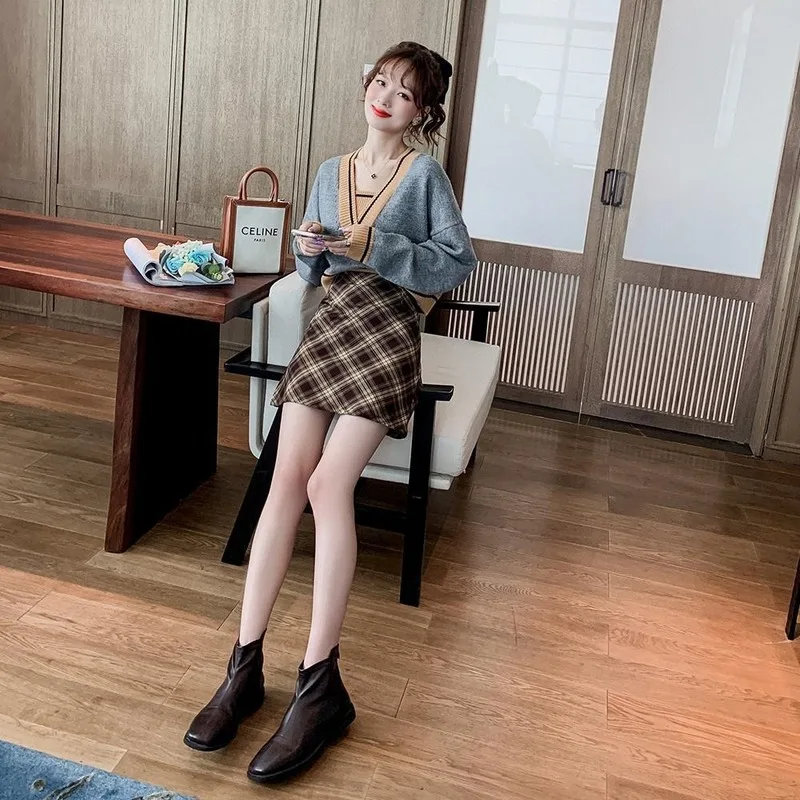 

Skirt Suit Sweater Loose Female Plaid Skirt New Autumn Women Two Piece Set Fashion Temperament Two Piece Set Women