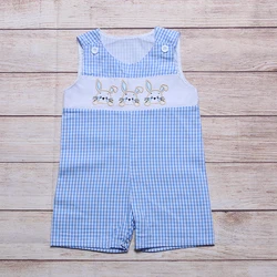 Barboteuse à carreaux bleu pour garçon, vêtements d'été, sans manches, motif trois lapins brodés, barboteuse de pâques pour bébé 