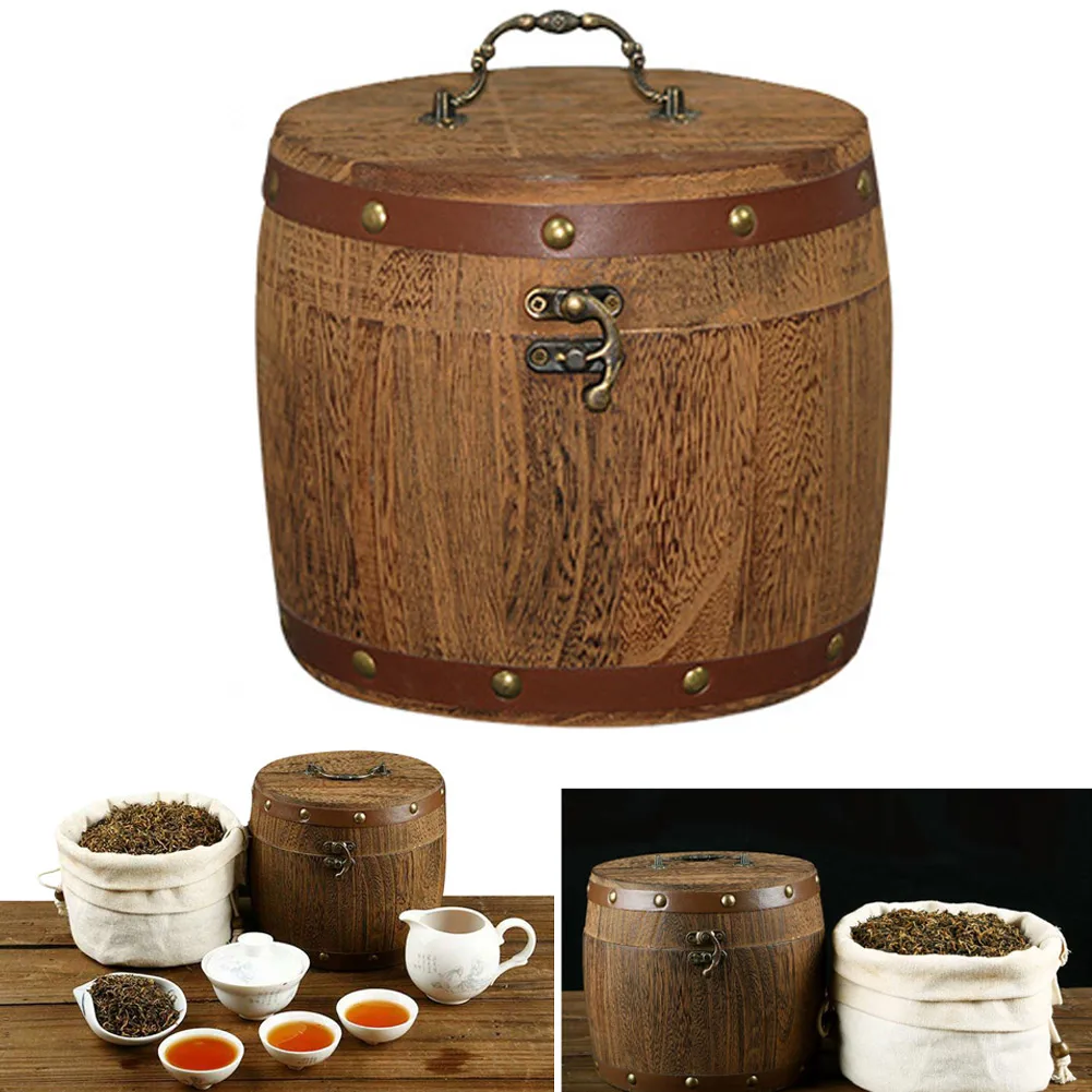 

Mini Wooden Barrel Canister Storage Box For Tea Leaf Flour Coffee Bean QP2
