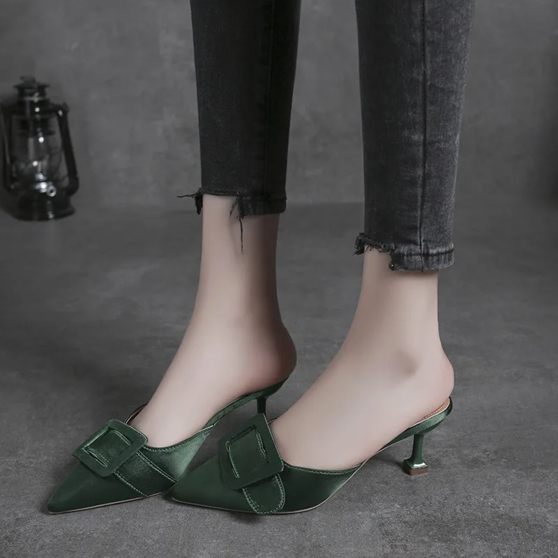 

Slipper Women's Outer Wear 2019 Spring New Style Closed-toe Semi-Slipper Versatile Korean-style Slippers Thin Heeled High-Heel O