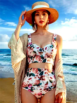 

Floral Print Bikini Set Women Bandage Push-Up Padded Swimwear Swimsuit Bathing Suit V-neck Tank High Waist Thong Two-piece Bkini