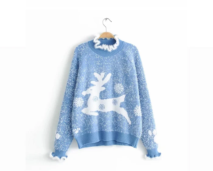 Jocoo Jolee, женский свободный Рождественский свитер, водолазка с длинным рукавом и принтом оленя, новогодний свитер, Повседневный пуловер с оборками, джемперы