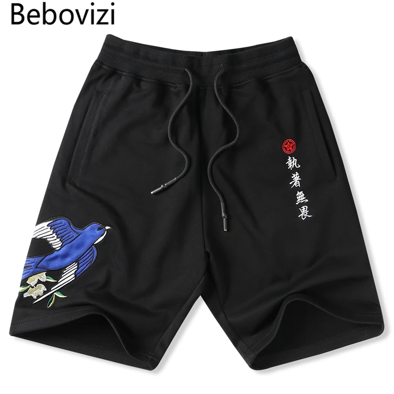 

Bebovizi Chinese Style Swallow Embroidery Shorts Men Bermuda Beach Knee-length Shorts Hip Hop Summer Sweatpants