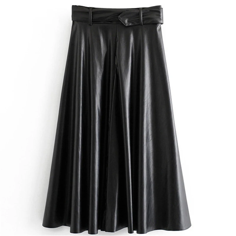 Длинная черная кожаная юбка с высокой талией, Готическая панк плиссированная юбка-комбинезон, Женская Корейская винтажная макси юбка с поясом, зима