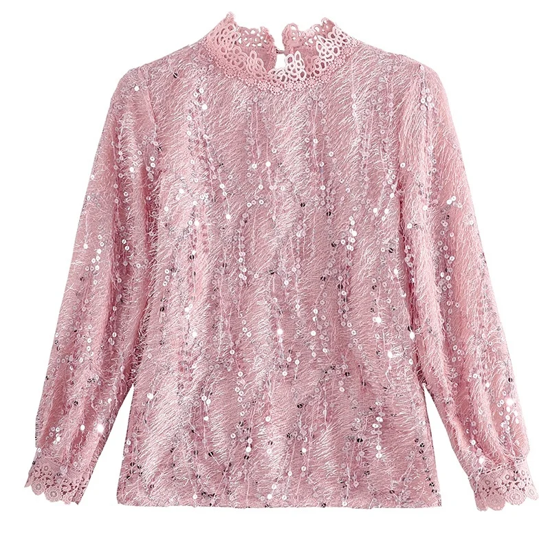 Women Blouse Shirt Autumn Winter Women's Shirt Plus Velvet Thick Lace Long Sleeve Shirt Blusa Feminina - Color: Pink
