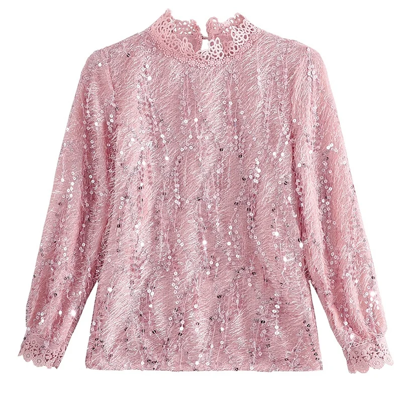 Pink Women Blouse Shirt Autumn Winter Women's Shirt Plus Velvet Thick Lace Long Sleeve Shirt Blusa Feminina - Color: Pink