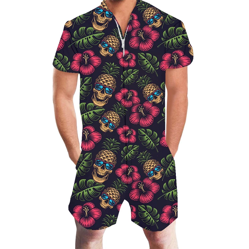 Funny Gothic New Short Sleeve Jumpsuit Skull Pineapple Leaves 3d Print Casual Comfortable Summer Cool Novelty Men's Home Clothes men s rompers home clothing leisure tight comfort suit solid color sleeveless men sets thin jumpsuit