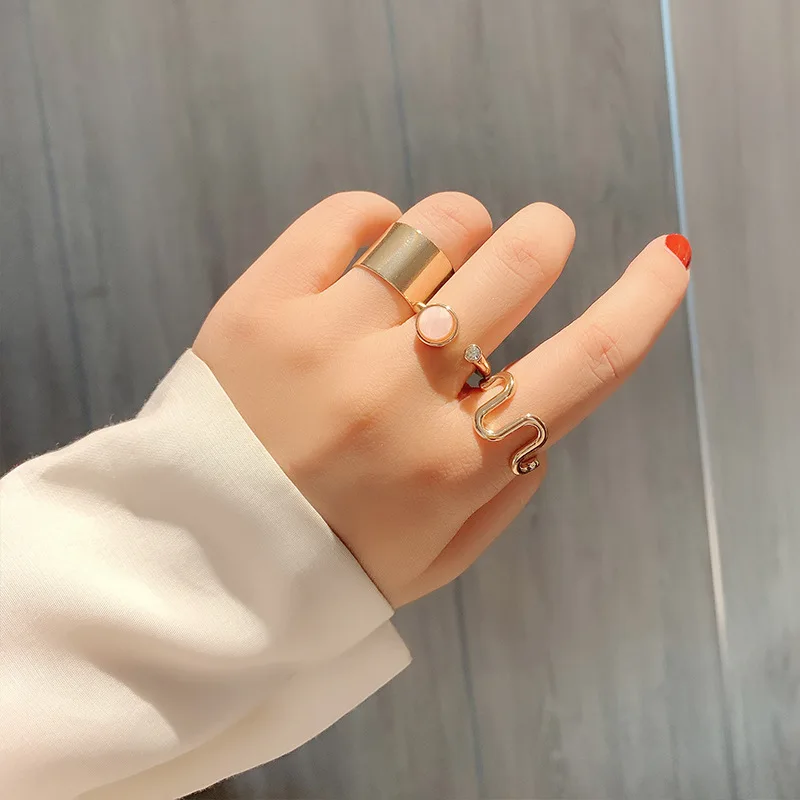 

3 Pcs/Set Opening Wide Ring Vintage Irregular Wave Alloy Pink Stone Rhinestone Finger Ring For Women Bohemian Party Wedding