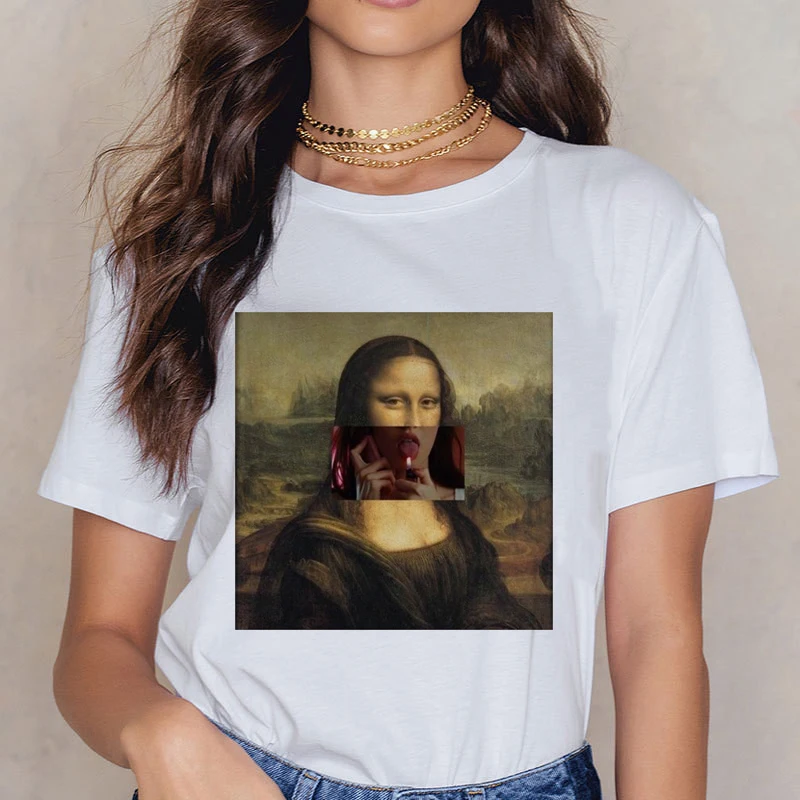 Новая футболка Mona Lisa 90s для женщин, модная Винтажная футболка в стиле ретро, стильная Эстетическая Футболка Harajuku Ullzang, белая женская футболка - Цвет: 3236