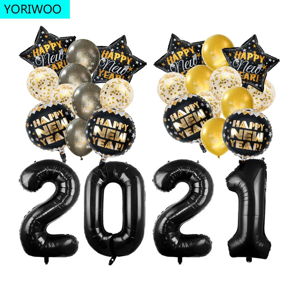 

YORIWOO 2021 Happy New Year Balloon Confetti Merry Christmas Balloons Set Black Gold Latex Ballon Birthday Party Decorations Kid