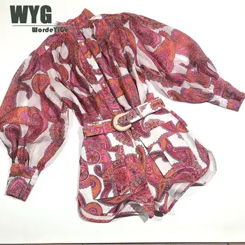 

Hot Sale Vintage Blouse and Shorts Set 2020 Spring New High Quality Buttons Through Lantern Sleeve Loose Tops Linen Shorts