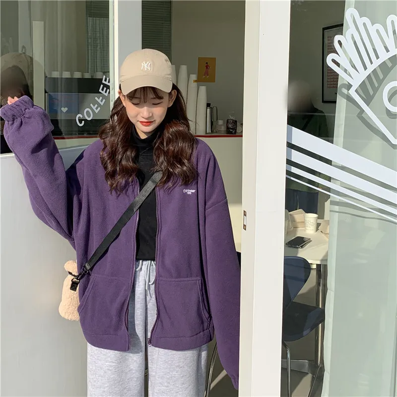 

Thick Fleece Sweatshirt Velvet Letter Embroidery Ladies Hoodies and Sweatshirts Cute Oversized Zip Up Sweatshirt with Collar