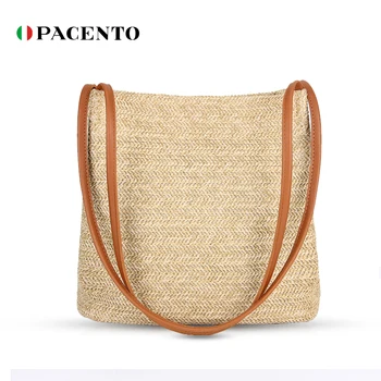 

PACENTO New Arrvial Straw Tote Bag Rattan Handmade Bags for Woman Summer 2020 Bucket Bag Luxury Handbag Women Simple Borsa Donna