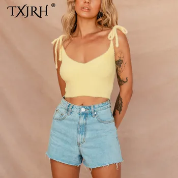 

TXJRH Sexy Streetwear Knitted Shaggy Camis V-Neck Tied Bow Sling Backless Bandage Crop Halter Fashion Women Tank Tops 4 Colors