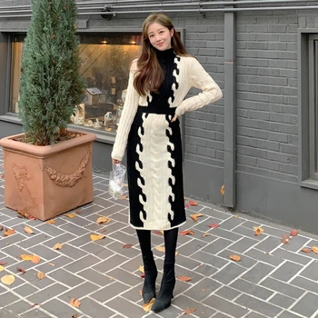 

Twist Winter Sweater Dress Women Turtleneck Patchwork Thick Split Slim Knittd Dress Elegant Long Dress Party Contrast Color V941