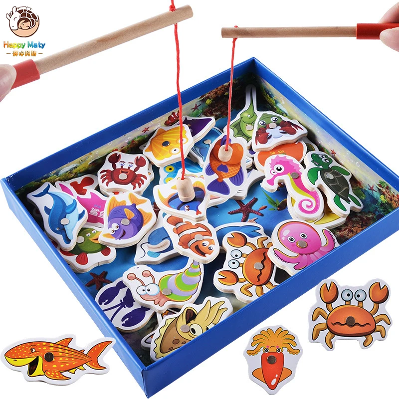 

Gifts Baby Wooden Magnet FishingToys 32Pcs Set 3D Wood Magnetic Fish Game Children Educationa Cartoon Undersea Toy For Baby