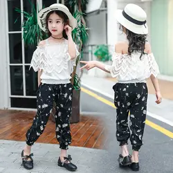 Weixu/Детская летняя одежда для девочек, белый кружевной топ с открытыми плечами, шифоновый комплект со штанами с цветочным принтом, комплект