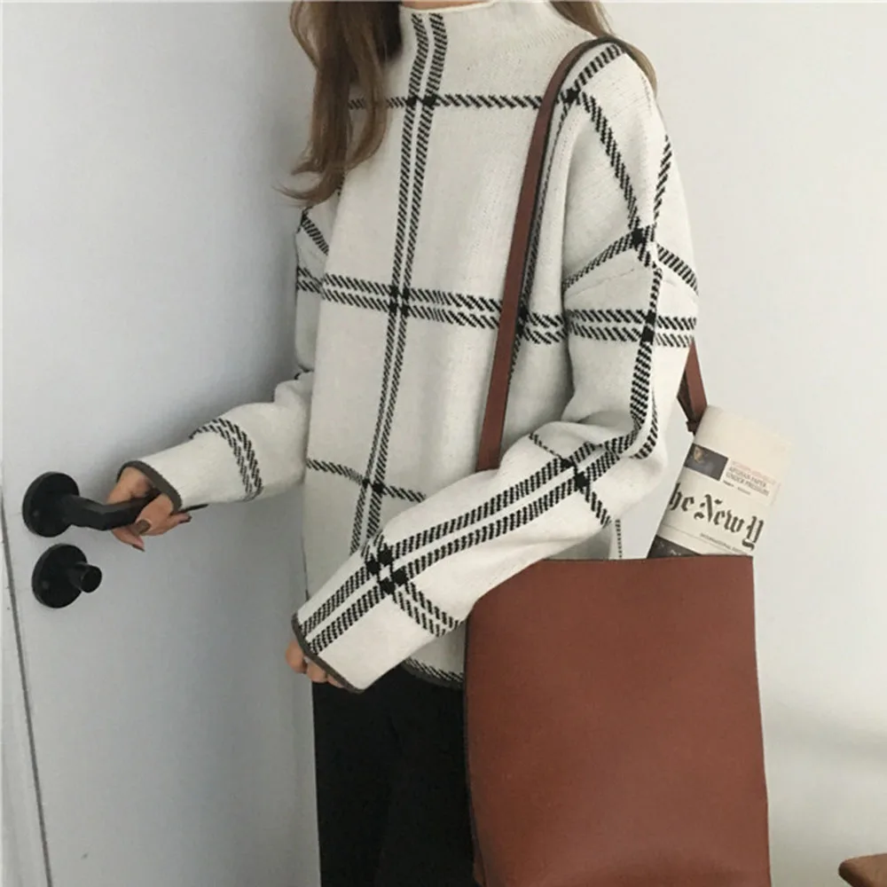 Plaid Knitted Sweater Women Autumn Long Sleeve Half Turtleneck Korean Retro Pullover Jumper Causal Female Tops Oversize Knitwear