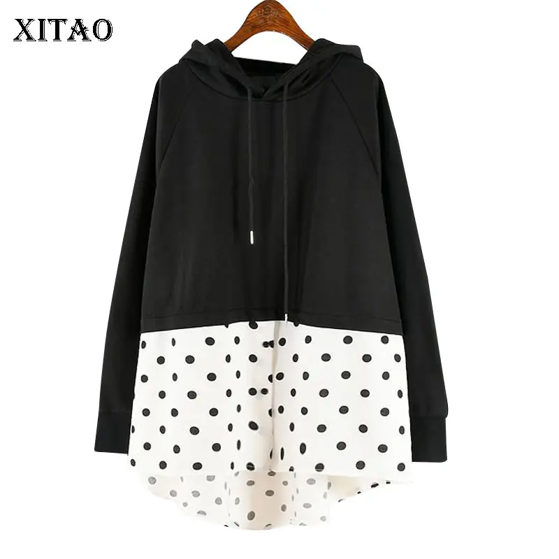 

XITAO Hit Color Polka Dot Hoodies Women Patchwork 2019 Autumn False Two Piece Thin Patchwork Elegant Drawstring Hoodies GCC2007