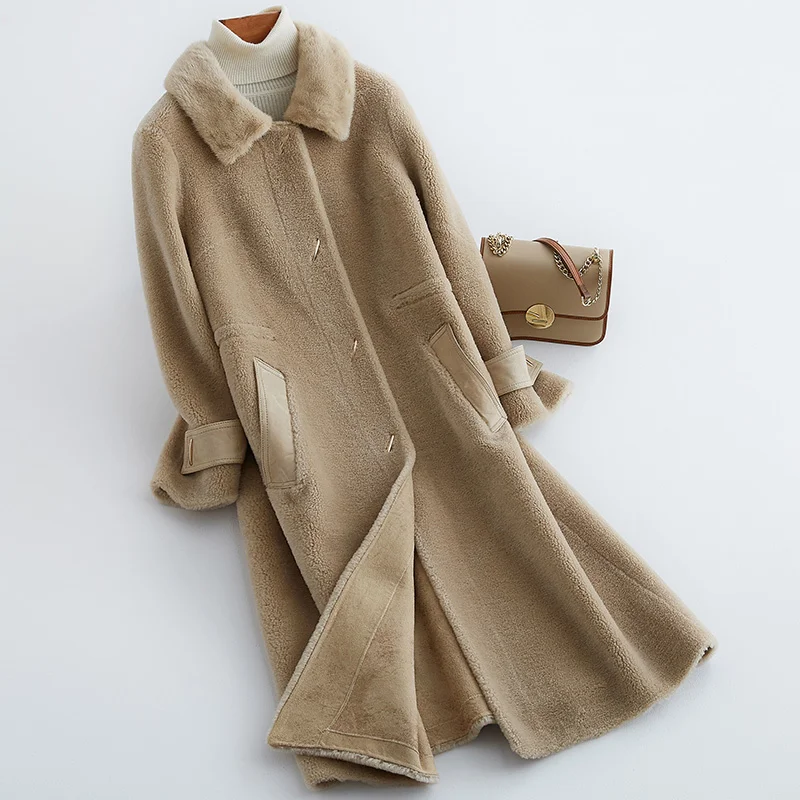 

Real Fur Coat 100% Wool Jacket Mink Fur Collar Autumn Winter Coat Women Clothes 2020 Korean Vintage Sheep Shearling Tops ZT3596