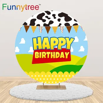 

Funnytree Zenon Farm Party Round Backdrop Sky Cloud Cow Flag Child Birthday Photozone Animal Baby Shower Banner Decor Background