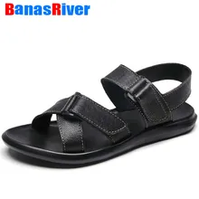 Новинка; черные сандалии, мужские тапочки летние Повседневное Кожаная обувь на плоской подошве мягкая удобная пляжная обувь, мужские тапочки на нескользящей подошве в римском стиле; удобные