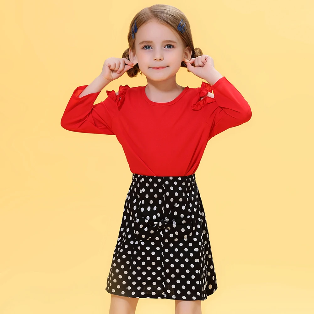 HE Hello Enjoy/комплекты одежды для девочек, Осенний красный новогодний топ с открытыми плечами для девочек+ юбка с бантом в горошек, детская одежда