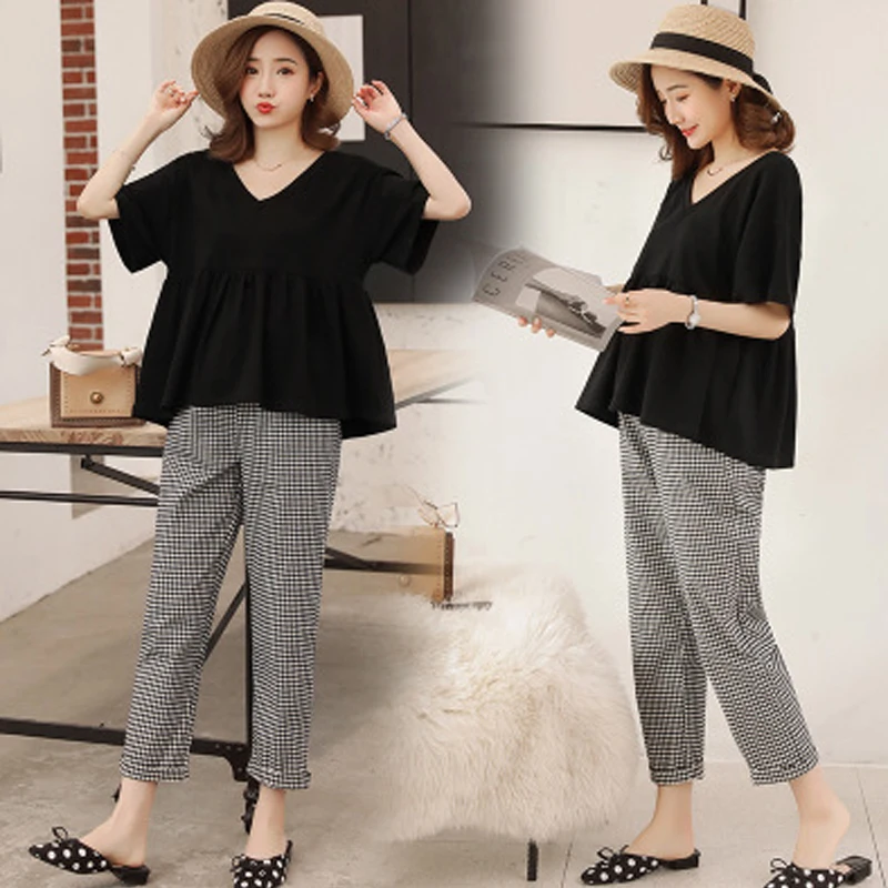 

Maternity Wear Summer New Fashion V-neck Loose Tops + Lattice Nursing belly Pants Two Sets of Pregnant Women Suit