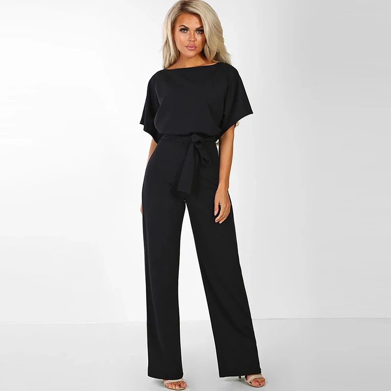 

Women's Elegant Summer Short Sleeve Jumpsuits Rompers Plus Size 2XL Loose Bowknot Lace Up Button Long Trousers Party Playsuits