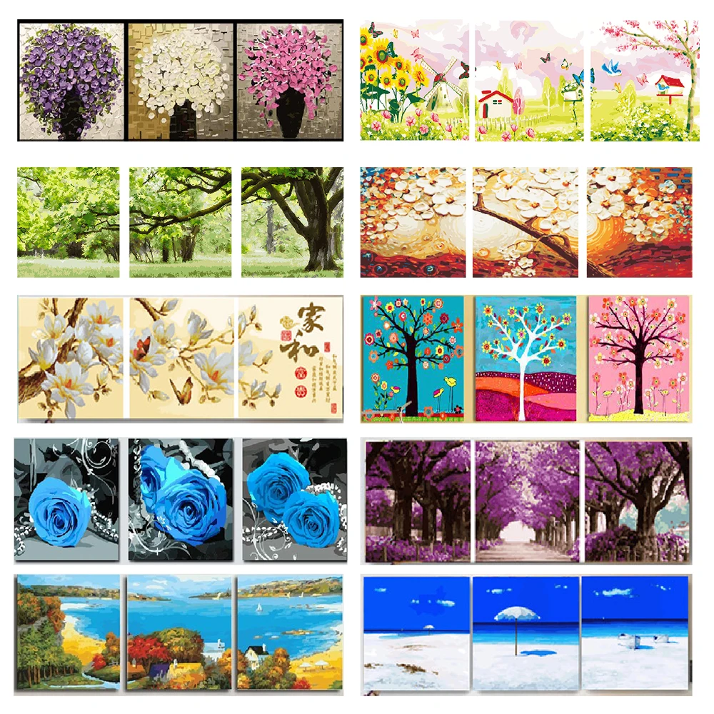 Billige 3 stücke 40x40cm Neue arrivel ölfarbe landschaft bilder Malerei durch Zahlen Wand kunst Triptychon leinwand malerei geschenk für Wohnkultur