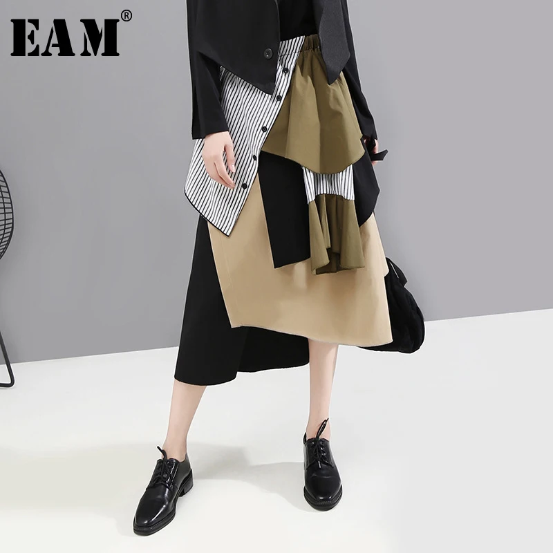 

[EAM] High Elastic Waist Spliced Hit Color Asymmetric Striped Half-body Skirt Women Fashion Tide New Spring Autumn 2019 1A888