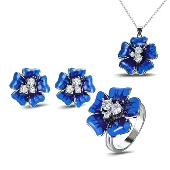 

Cute 925 Silver Blue Flower Pendant Necklace Set Enamel Ring Women Stud Earrings