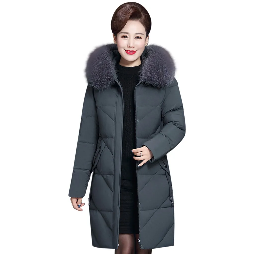 Новинка, модная зимняя куртка для женщин, большой меховой капюшон, толстая пуховая парка, XL-Длинная женская куртка на молнии, пальто, тонкая теплая зимняя верхняя одежда - Цвет: Gray