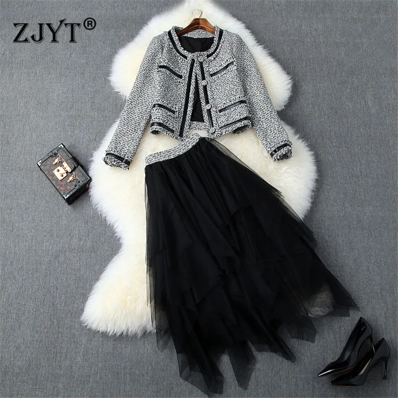 

2019 New Fall Winter Two Pieces Skirts Set Women Fashion Designer Vintage Short Tweed Woolen Jacket and Tulle Skirt Suit Sets