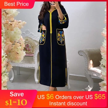 Image of Autumn Women Long Dress  Fashion Flower Printed Zipper Vintage Party Dinner Maxi Dresses Musilm Femme Vestiods Work Office