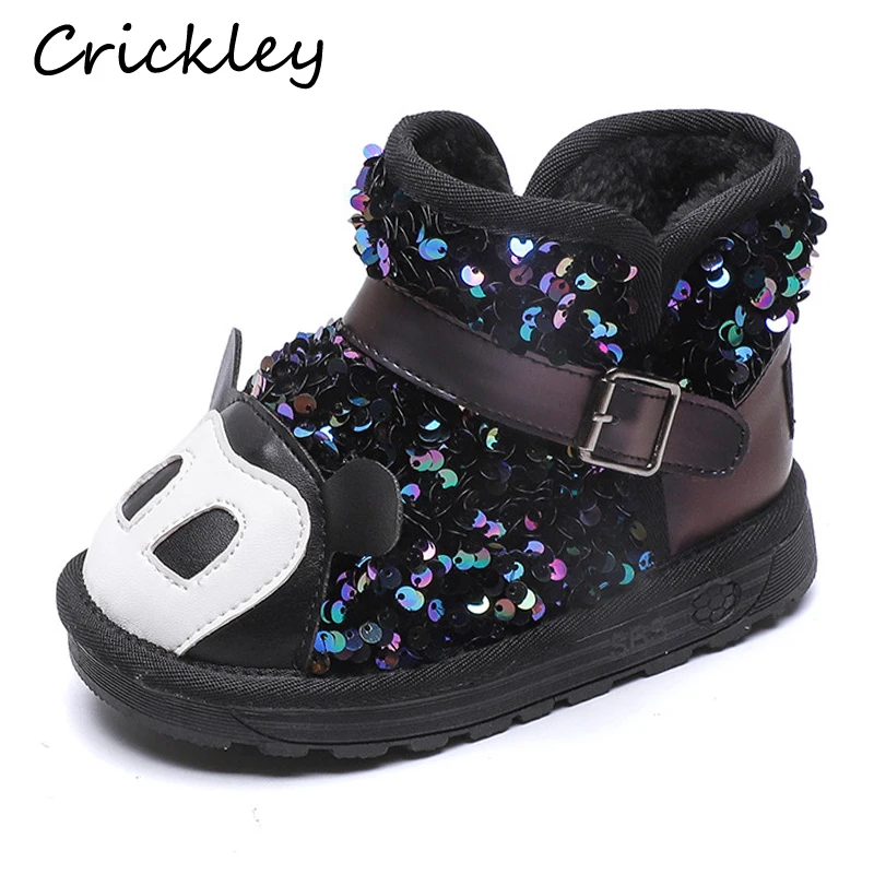 

Children Winter Boots Cartoon Pattern Bright Sequins Keep Warm Snow Boots for Kids Girls Fashion Non Slip Pu Leather Girls Boots