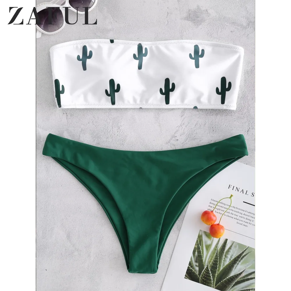 

ZAFUL Cactus Plant Print Tube Bikini Bandeau Strapless Contrast Swimwear Low Waisted Bikini Wire Free Padded Elastic Bikinis Set