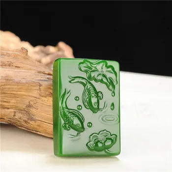 

CHINESE NATURAL GREEN JADE FISH LOTUS PENDANT NECKLACE HAND CARVED CHARM FASHION JADEITE JEWELRY AMULET FOR MEN WOMEN GIFTS
