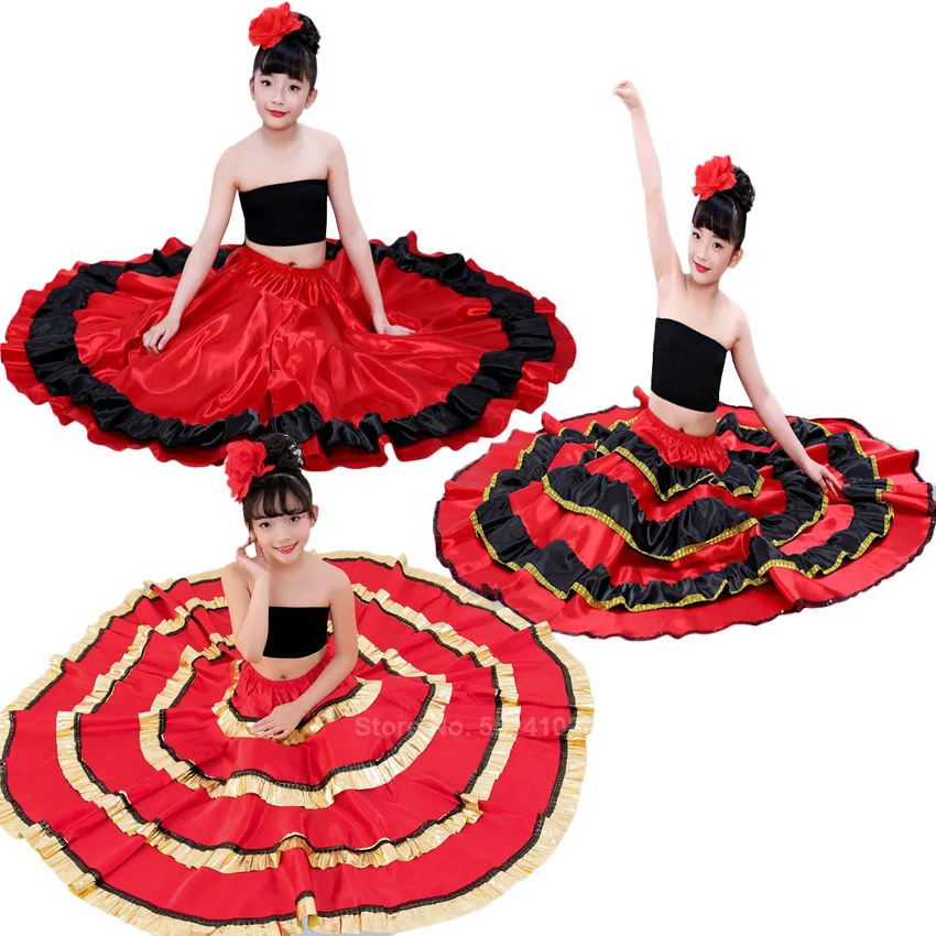 

2020 Spainish Gypsy Traditional Flaminco Skirt Satin Bullfighting Ballroom Stage Performance Striprd Bling Ruffle Dress For Girl