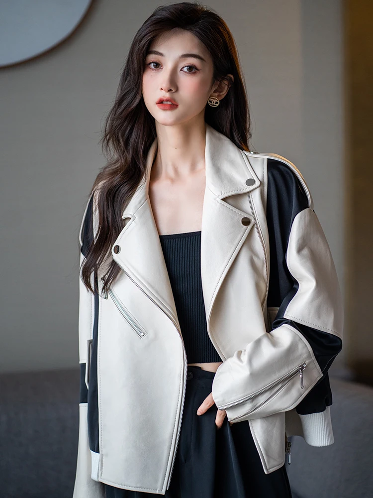 Women\'s Winter Sheepskin Coat Green Black White Splicing  Leather Jackets Coat Autumn loose Locomotive Women Jacket Coats