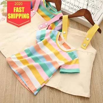 

Keelorn Girls Clothing Sets 2020 Summer Cute Princess Girl Multicolored Striped T-shirt + Strap Dress 2PCS Children Clothing