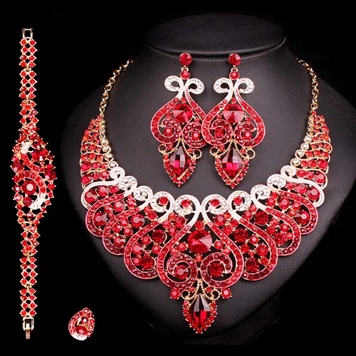 Роскошные свадебные ювелирные наборы, обручальное кольцо, браслет, ожерелье, серьги, набор, Женские аксессуары для костюма, индийские большие ювелирные изделия - Окраска металла: 4 pcs set red
