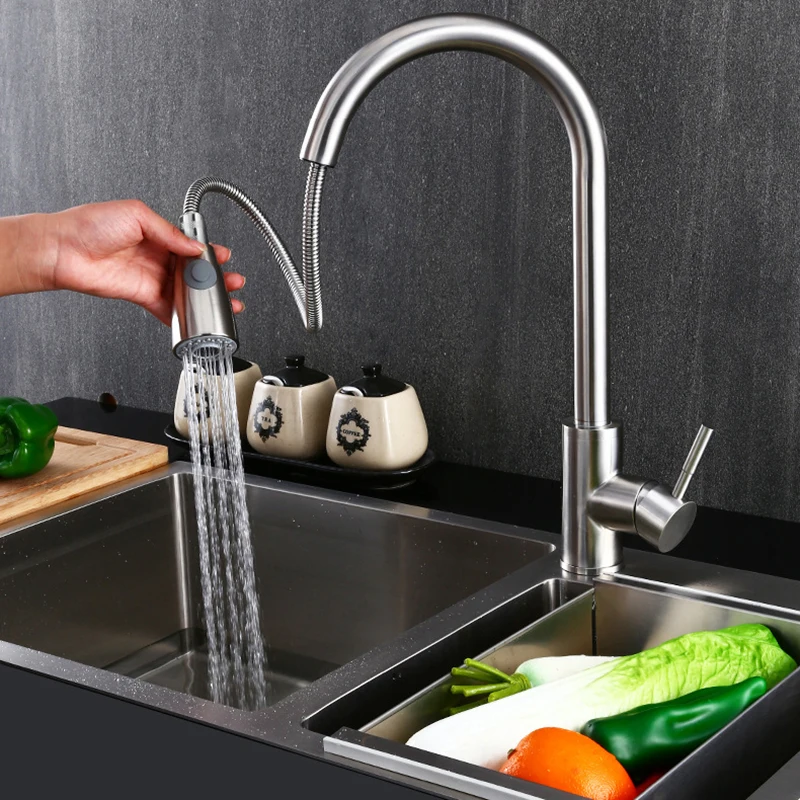  Rantion Kitchen Faucets Silver Single Handle Pull Out Kitchen Tap Single Hole Handle Swivel 360 Deg - 4000127669589