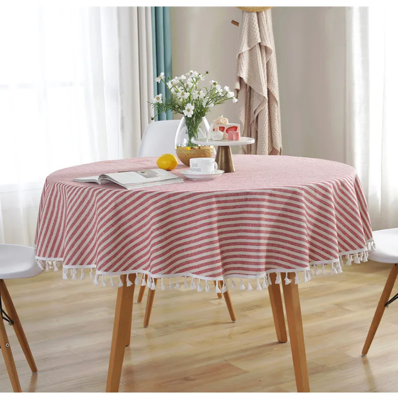 

Striped Dust-Proof Tassel Home Decorative Table Cover Cotton Linen For Kitchen Dining Table Round Aisle Living Room Table cloth