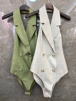 

2020 Spring and Summer New Women's Lapel Double Breasted Decorative Sleeveless Solid Color Jumpsuit 701